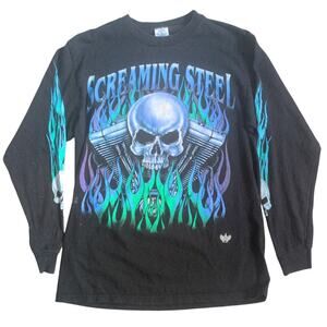 VTG Y2K Flame Long Sleeve Screaming Steel Breakin Rules Tshirt Large Black‎ Moto